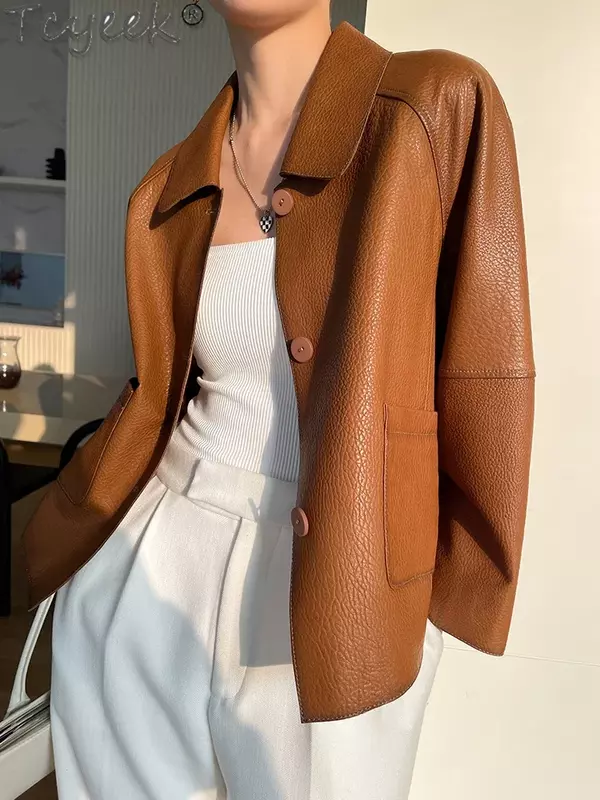 Jaqueta de couro genuíno de peito único feminina, casaco de pele de carneiro real, moda simples, casual, nova, primavera, 2021