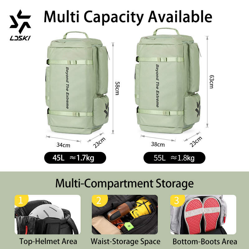 LDSKI-mochila de esqui com grande capacidade, impermeável Ski Boot Pack, separação seca e úmida ajustável, 45L, 55L