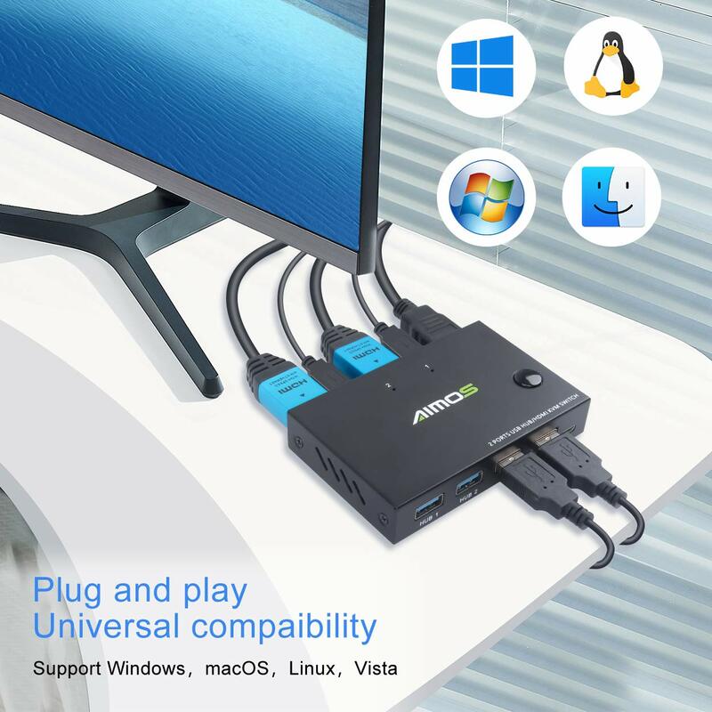 USB HDMI KVM Switch para compartilhamento de computador, Plug and Play, exibição de vídeo, teclado, mouse, impressora, divisor, 2 em 1, 4K, 2