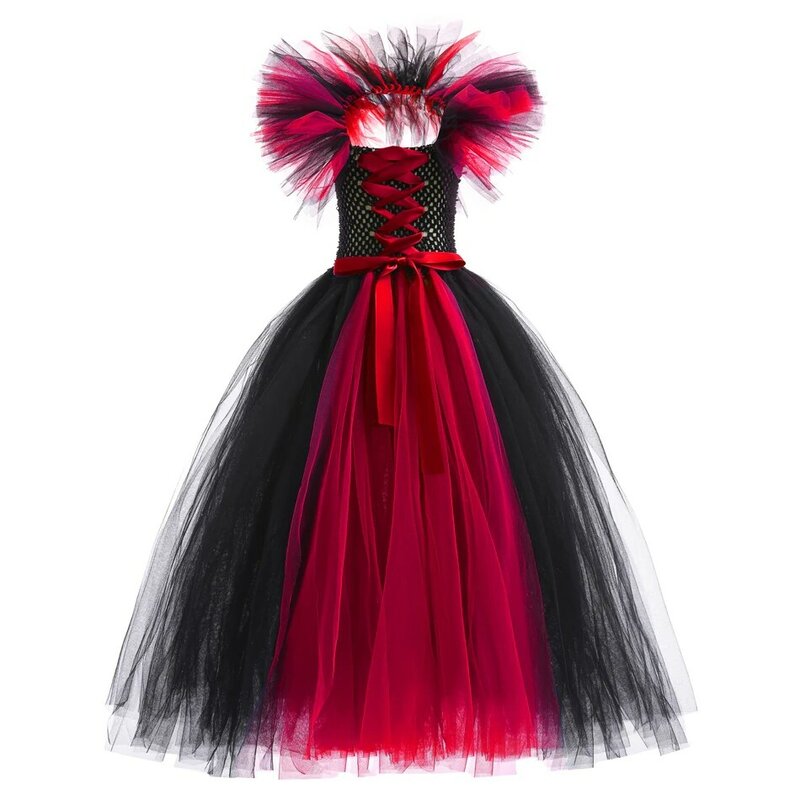 Girls Evil Queen Outfits Halloween Cosplay Party Gown Tutu Tulle Dress Princess Costume Children Carnival Clothing Witch Dress