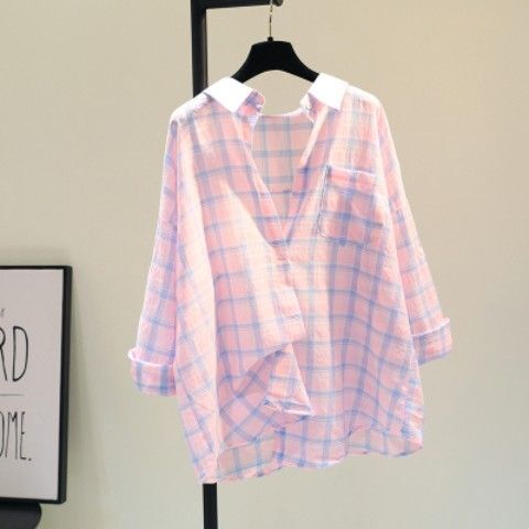 2024 Summer Polo Neck Long Sleeve Loose Blouses Shirts Tops Vintage Plaid Chiffon Shirts Women's Sunscreen Shirt Ladie R28