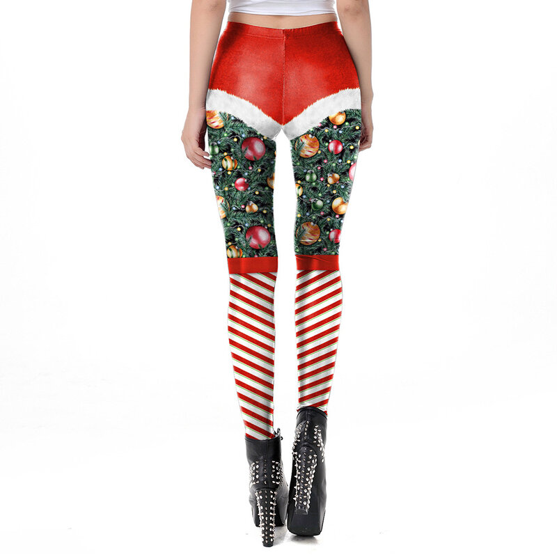 Nadanbao Christmas Streak Printing Leggings Women Fashion Funny Holiday Party Trousers Girls Mid Waist Elastic Tights Long Pants