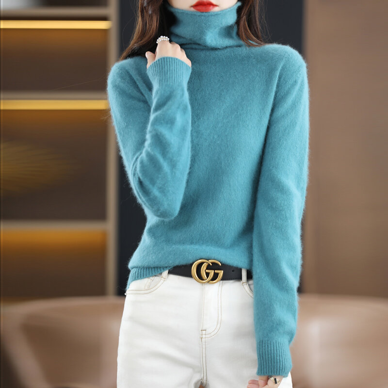 Suéter de cuello alto para mujer, suéter holgado de Color sólido, grueso, combina con todo, camisa de punto de temperamento