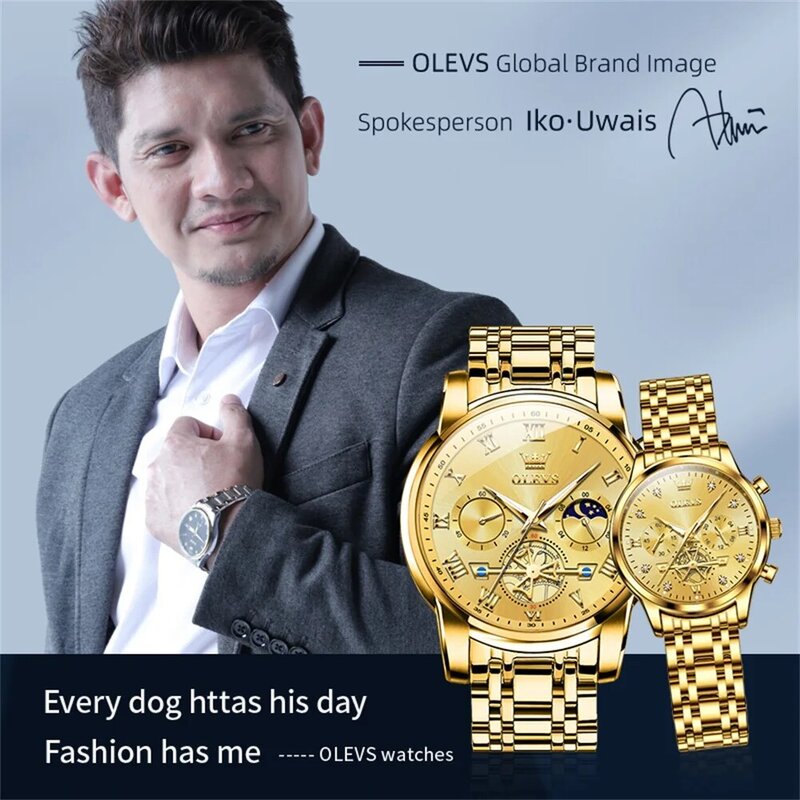 Olevs Merk Luxe Gouden Quartz Horloge Liefhebbers Rvs Waterdicht Lichtgevende Mode Chronograaf Paar Horloge Mannen En Vrouwen