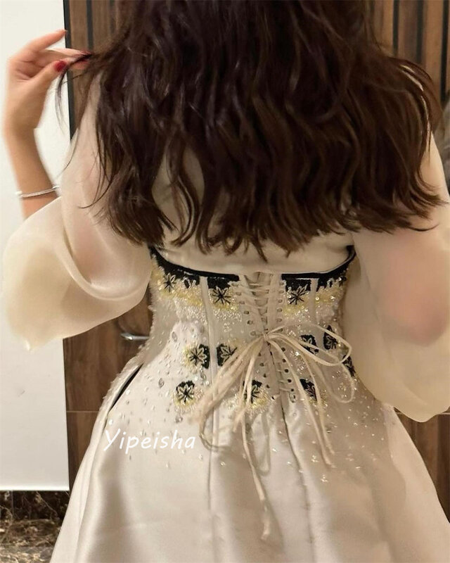 Jiayigong Prom squisito scollo a v a-line perline paillettes drappeggiato lunghezza del pavimento in raso abiti da sera su misura