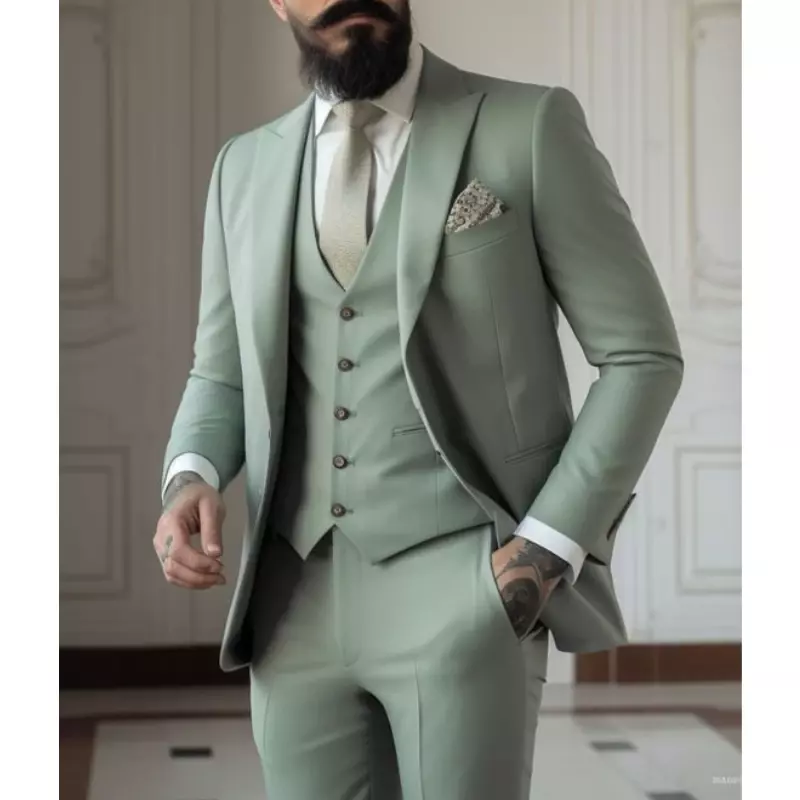 Green Men's Slim Fit 3 Piece Suits (Jacket+Vest+Pant) Wedding Groom Tuxedos Prom Formal Male Party Blazers