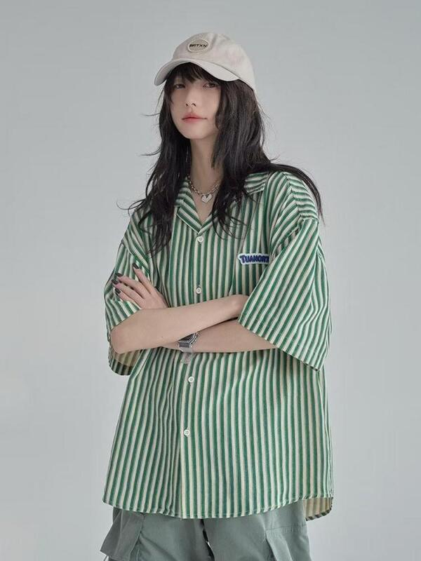 Tawaaiw Streetwear gestreiftes Button-up-Hemd Frauen Kleidung Kurzarm koreanische Mode Turn-Down-Kragen Sommer Tops lässige Bluse