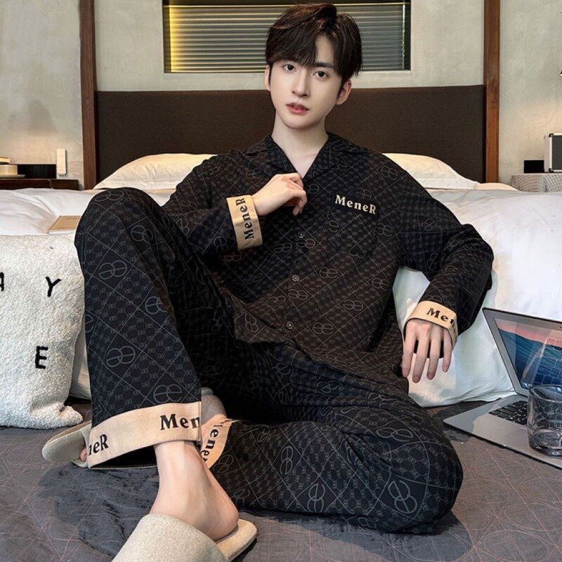 100% cotone pigiama gentiluomo primavera autunno manica lunga versione coreana reticolo sciolto Plus Size cotone Loungewear Set uomo pigiama