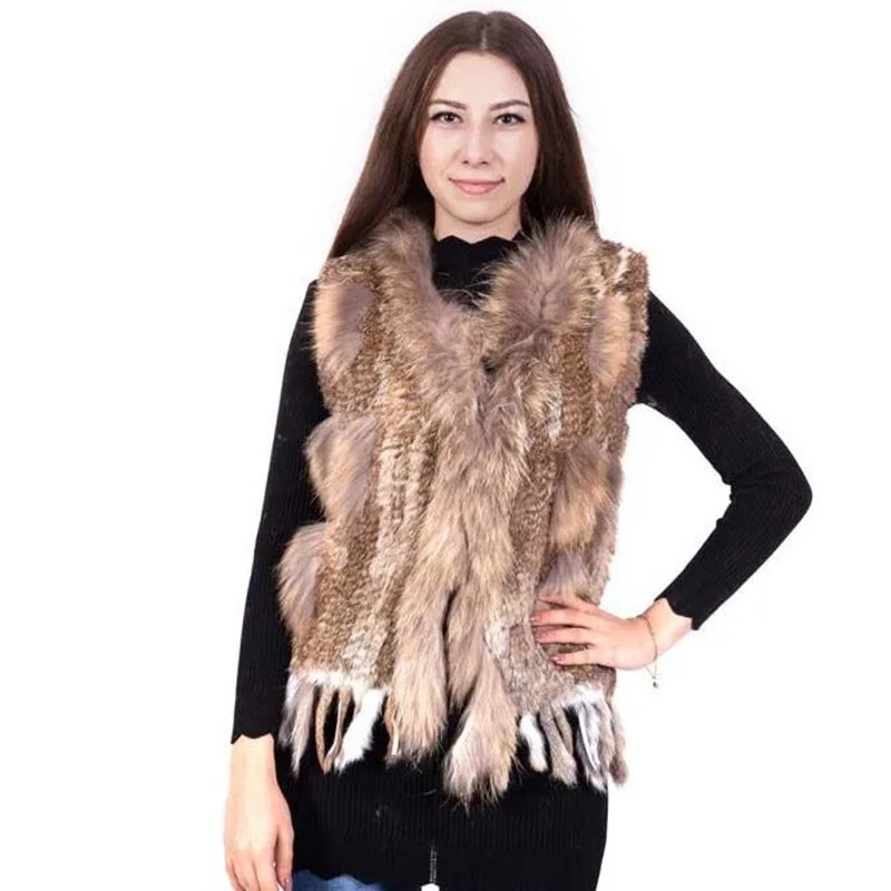 女性のウサギの毛皮のようなタイトフィットのベスト,ノースリーブのウサギの毛皮のTシャツ,自然なアライグマの毛皮の襟,2021