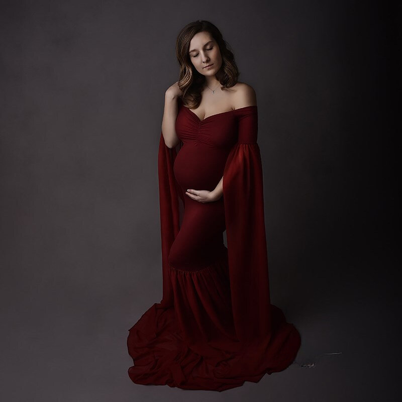 Kobiety sukienka ciążowa do sesji zdjęciowej szyfonowa sukienka ciążowa rekwizyty fotograficzne bez ramion seksowna sukienka Maxi