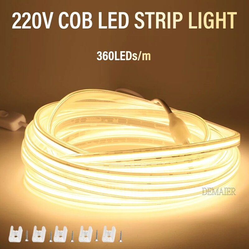COB lampu Strip LED, cahaya 360leds/M 220V EU Plug RA 90 hangat putih 3000K 4000K 6000K pita LED fleksibel untuk kamar tidur dapur Waterpr