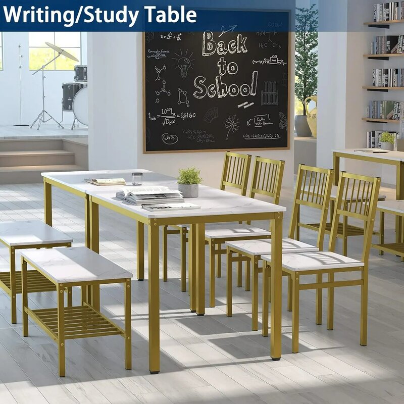 Table à manger en marbre blanc avec cadre doré, bureau d'ordinateur, table de cuisine, 2 chaises et un banc, ensemble de 4 personnes