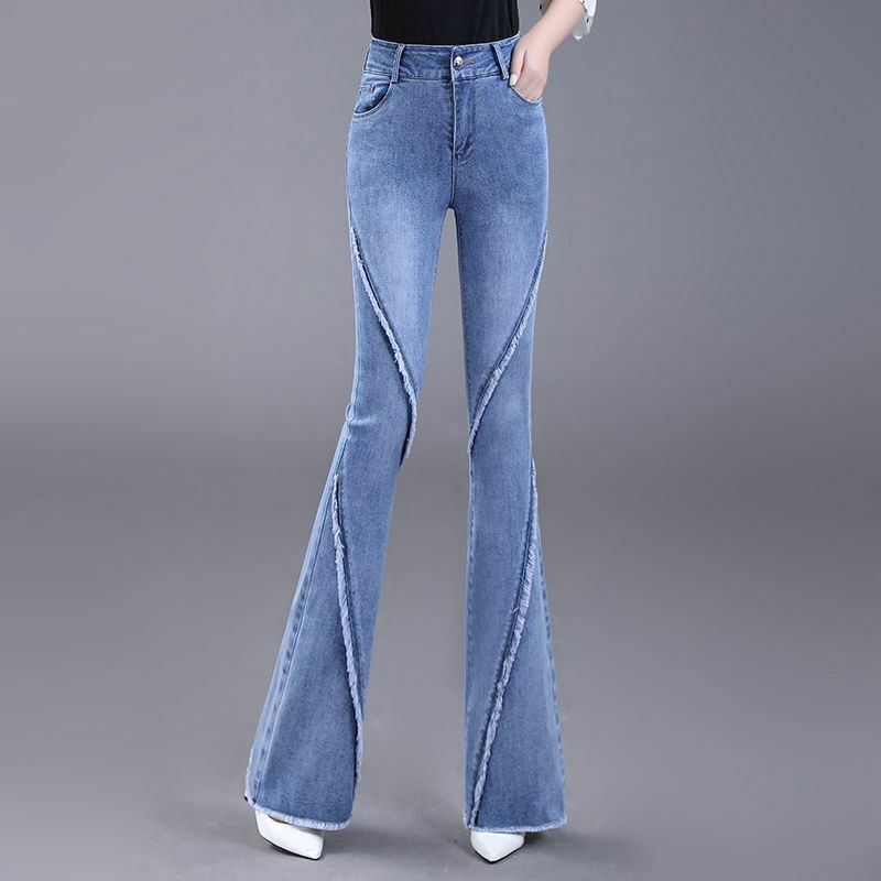 Streetwear Fashion Women Rough Edge Flare Jeans Spring Autumn New High Waist Versatile Office Lady Casual Washed Denim Trousers