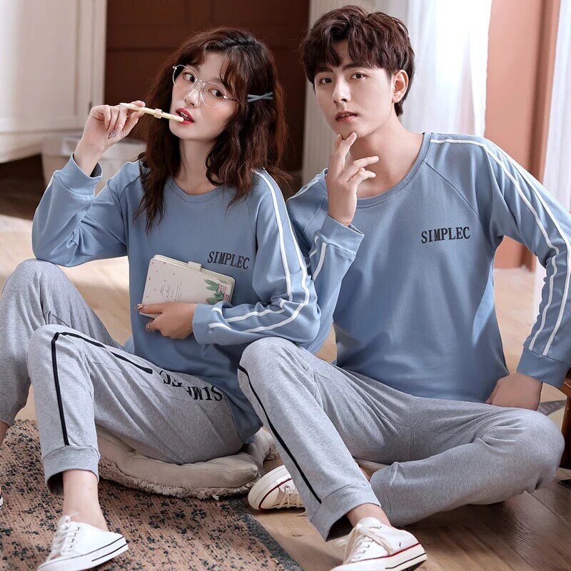Conjunto de pijama masculino e feminino, pijama de manga comprida, pijama casual 100% algodão
