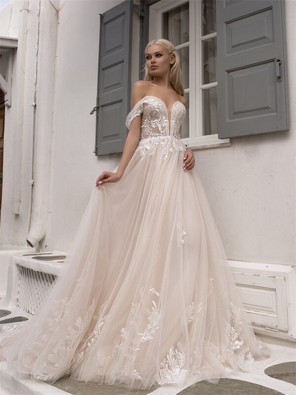 Gaun pengantin applique A-line klasik, gaun pernikahan sederhana 2024, Gaun panjang lantai bahu terbuka anggun