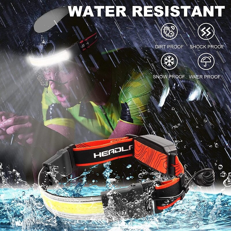 COB LED Headlamp 210 Degree Wide Range Floodlight Headlights USB Rechargeable 3 Modes Waterproof Headlight with Battery