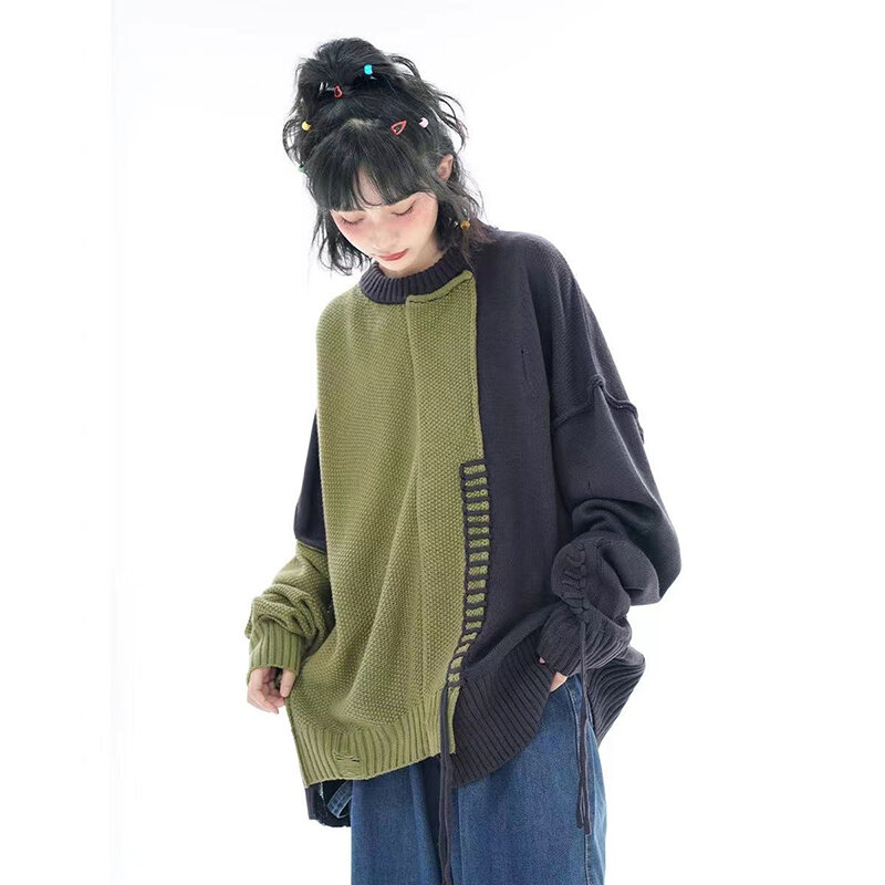 Autumn Winter Irregular Men Long Sleeve Round Neck Sweater Spliced Hit Color Bright Line Decoration Couple Clothing Keep Warm