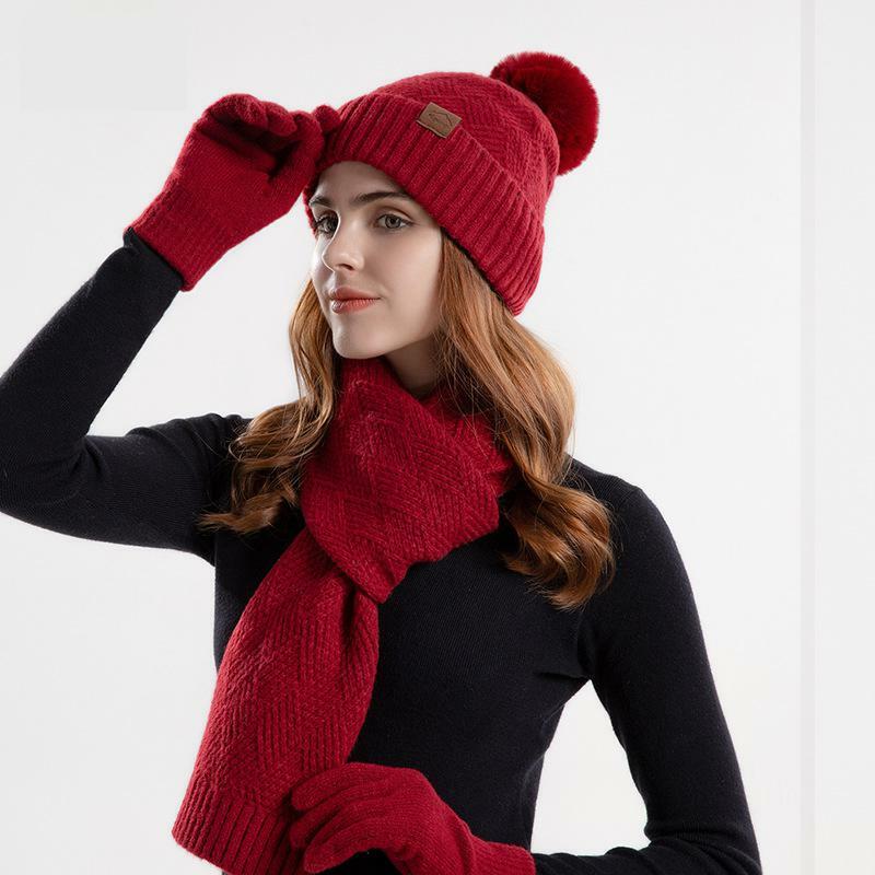 Set invernale guanti cappello sciarpa donna velluto lavorato a maglia tenere al caldo accessori Set tre pezzi protezione per le orecchie con pompon in pelliccia sintetica
