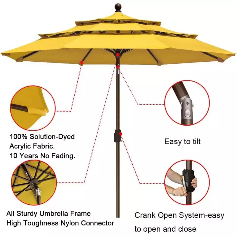 퇴색 방지 선우산, 시장 우산, 파티오 우산, 야외 테이블 우산, 환기 정원 파라솔, 10 년, 9Ft, 3 층