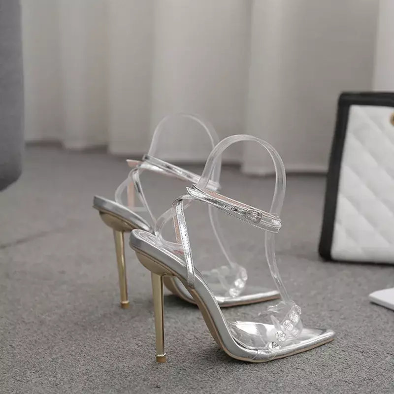 Nowe eleganckie kryształowe seksowne damskie sandały metalowe wysokiej obcasy klamra paski gladiatorki damskie szpilki buty ślubne