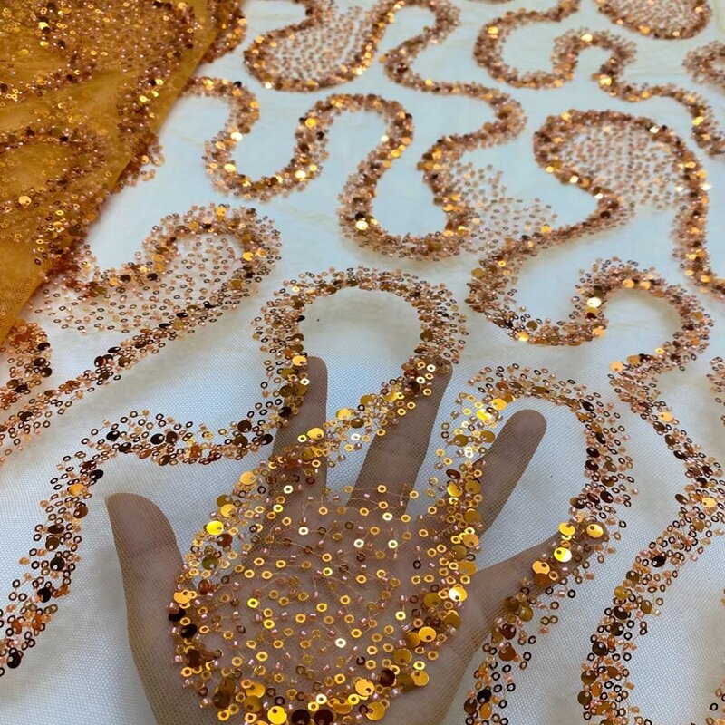 Tela de encaje francés Nigeriano para boda y fiesta, bordado de encaje dorado con cuentas y lentejuelas de lujo, TS1631