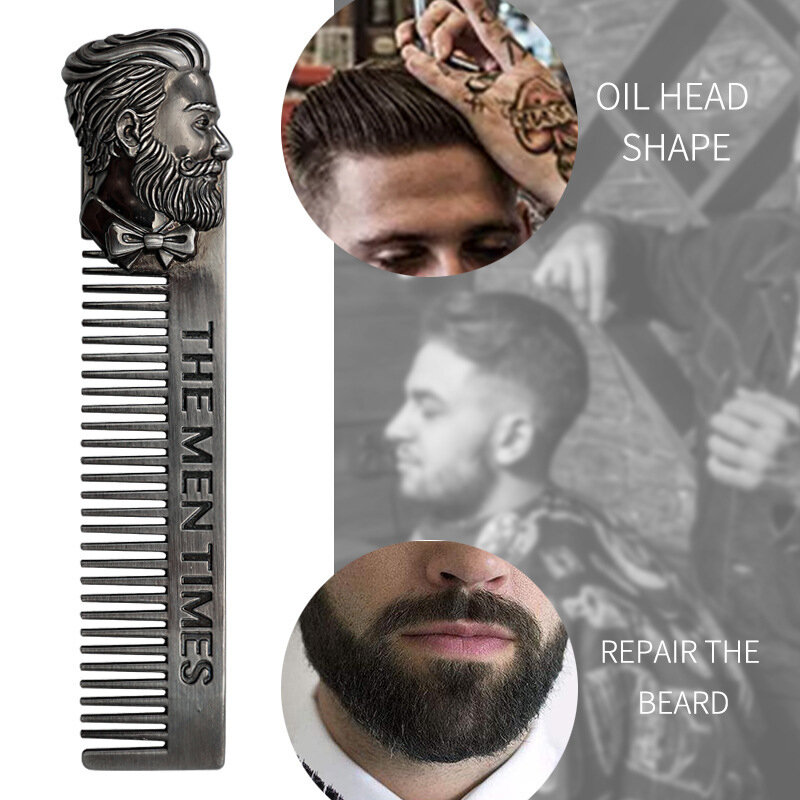 Peine de Metal para hombres, peine de barba, peinado de espalda grande, aceite para el cabello, cuidado del bigote, herramientas de modelado, tamaño de bolsillo, plateado, 1 pieza
