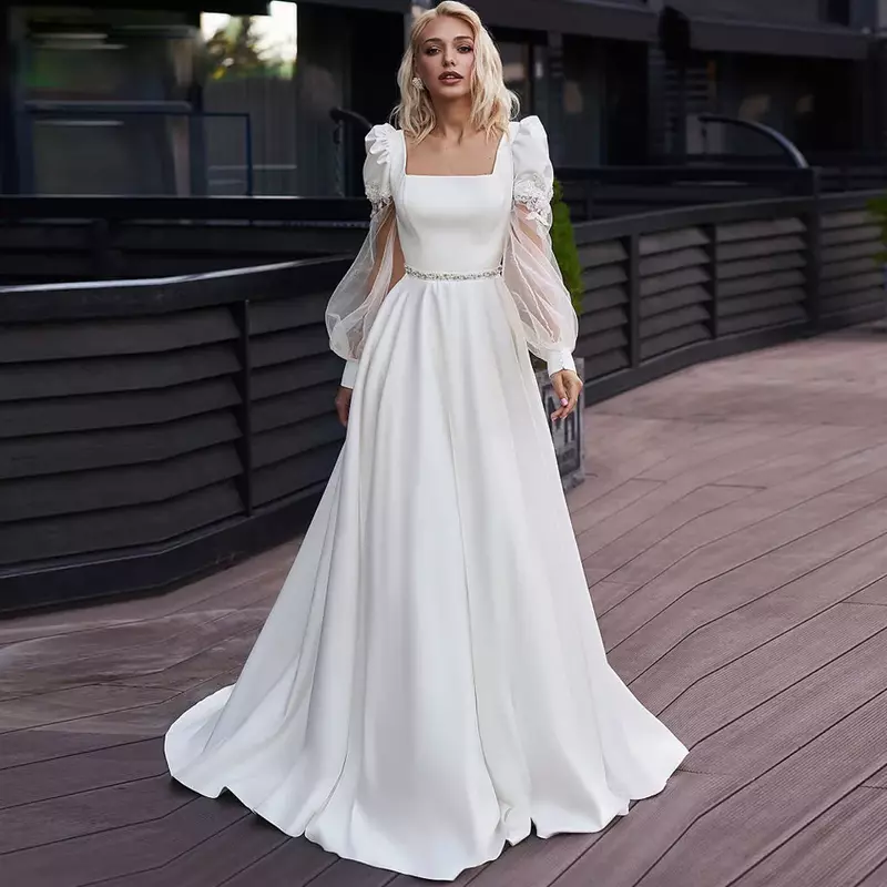 New fashion A-line square Neck Illusion sleeve line wedding dress back decal with button Garden Beach photo bridal dress