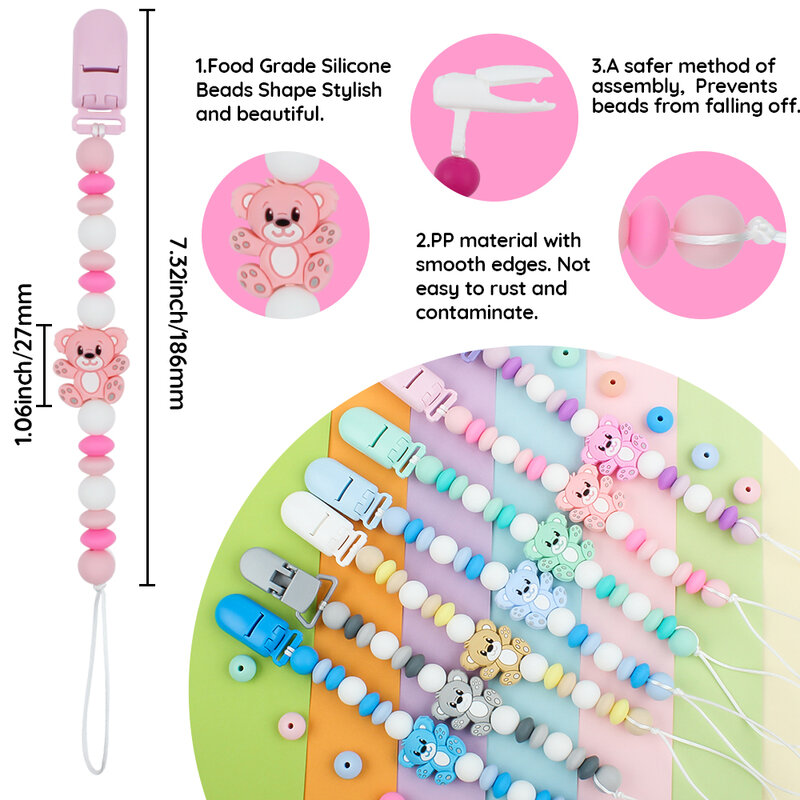 Clips para chupete de bebé Chian antipérdida, soporte para pezón, cuentas de silicona de oso, soporte para dentición de bebé, accesorios de regalo para masticar para recién nacido