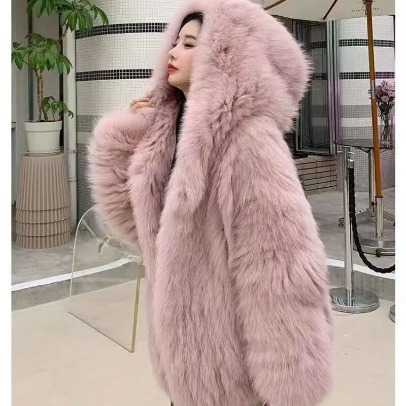 Smażona uliczna kurtka imitacja futra lisa damska odzież wierzchnia nowa jesienna zima gruby ciepły płaszcz modny luźny płaszcz z kapturem Mao Mao