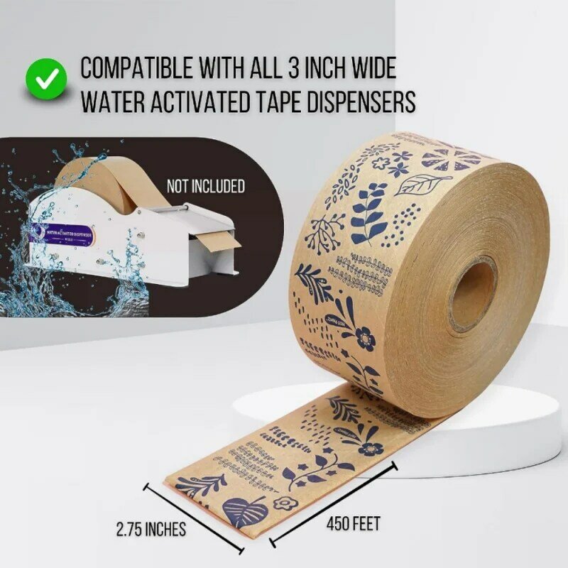 Fita auto-adesiva, adequada para embalagem de envio, água reciclada marrom Ativar papel Kraft gomado, logotipo de impressão personalizado