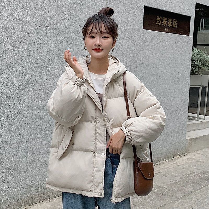 Women Loose Zipped Stand Collar Hooded Warm Jacket Winter Korean Style Parkas Coat Women Long Sleeve Pocket Elegant Parkas Coat