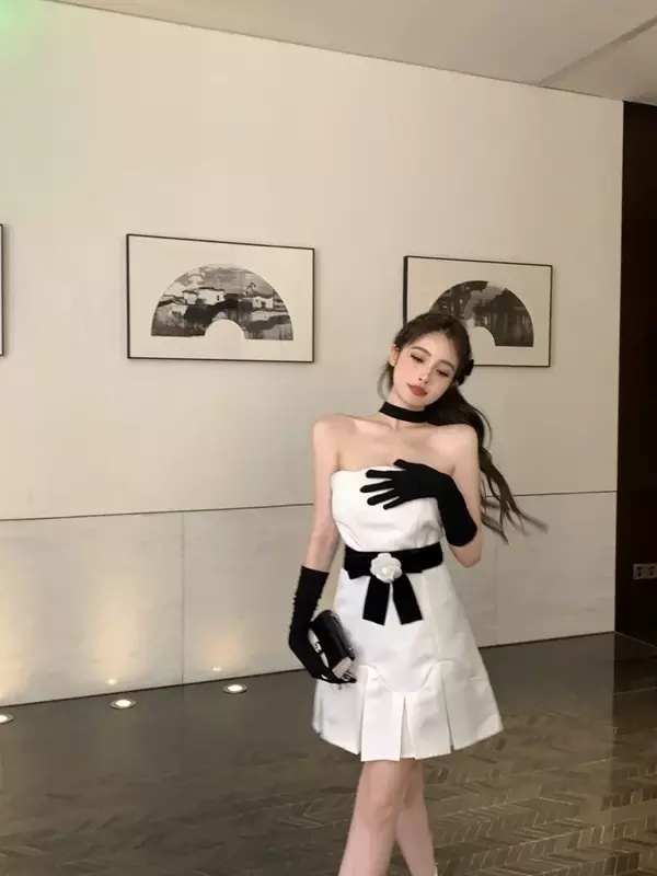 Damska czarna kokardka biała kamelia letnia nowy biustonosz sukienki imprezowe Hotsweet Fashion Slim