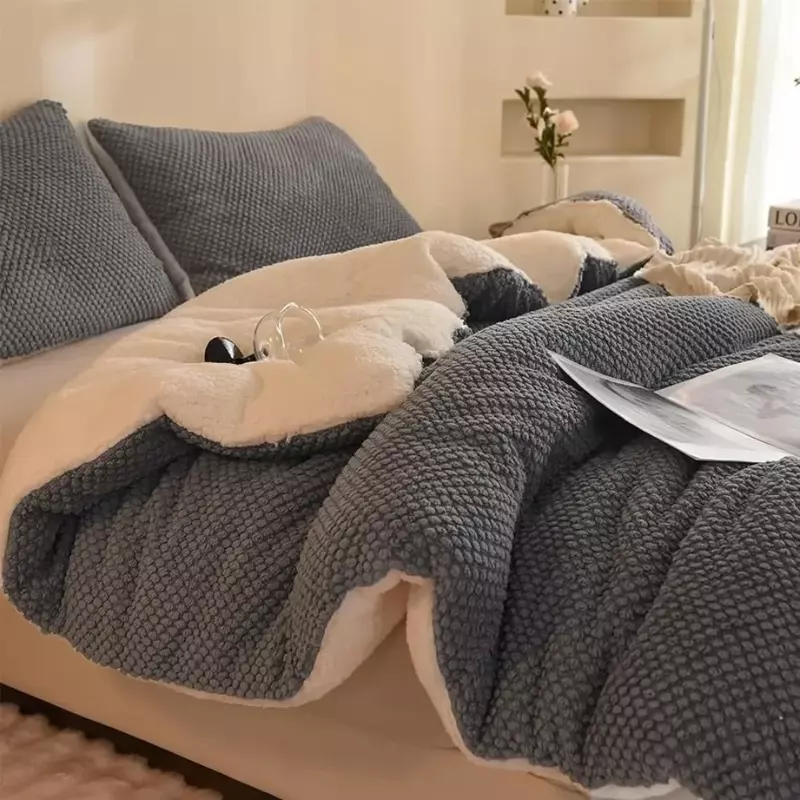 Set selimut Jacquard 3D, ultra-lembut hangat bulu Ratu mewah 3-potong Set mewah tempat tidur nyaman dengan 2 sarung bantal 90 "x 90", abu-abu