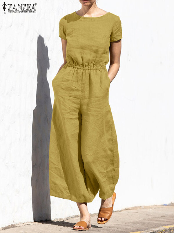 Women Short Sleeve Solid Loose Wide Leg Jumpsuits ZANZEA Fashion Summer Rompers Elastic Waist Long Playsuits Casual Overalls