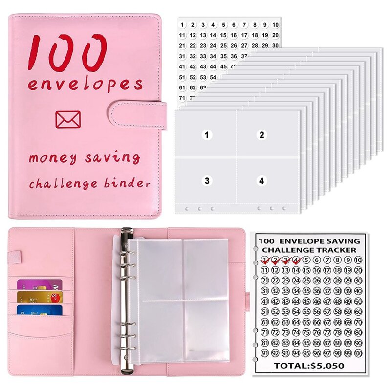 100 amplop hemat uang buku tantangan, Penyimpanan penganggaran Binder buku anggaran kotak tantangan penyimpanan uang tunai Kit