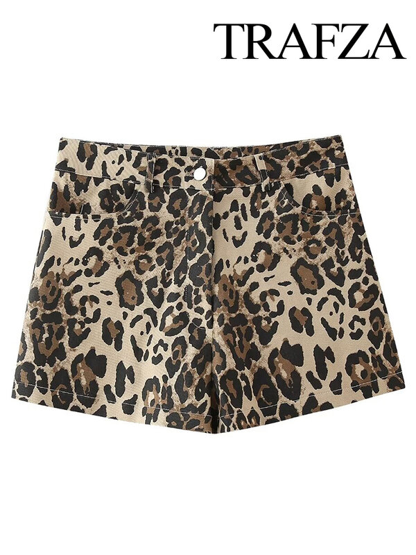 TRAFZA Street Leopard Print pantaloni corti da donna Fashion Button Pocket zipper Min pantaloncini femminili 2024 primavera Y2K Lady Outwear