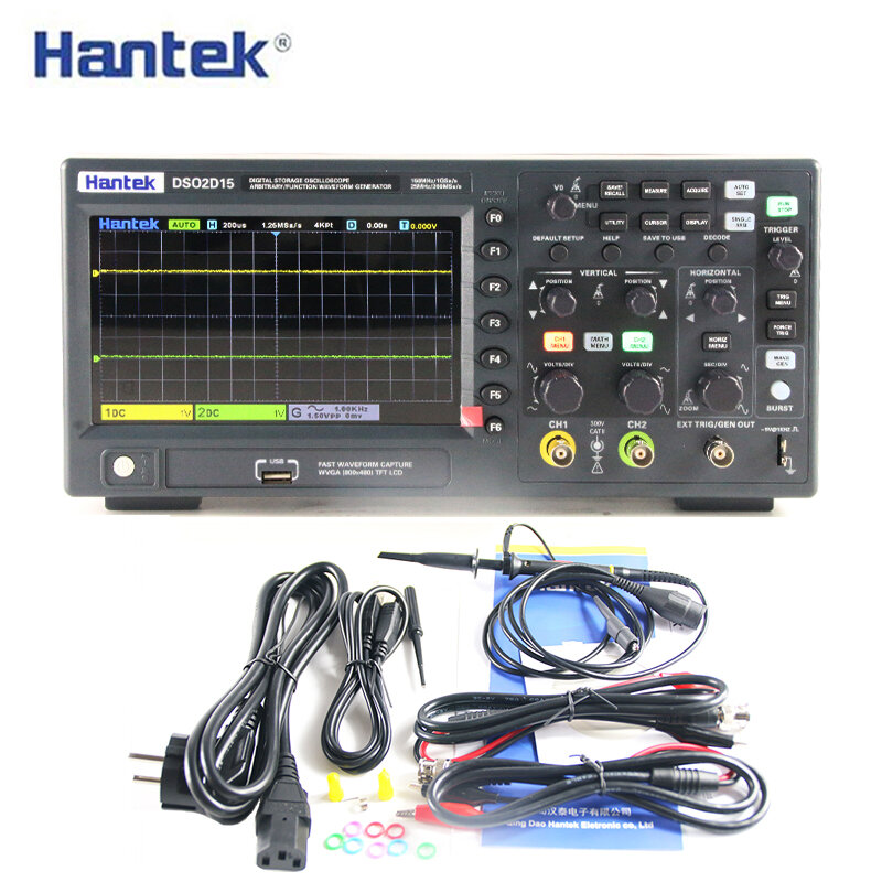 Osciloscópio dso2c10 2c15 2d10 2d15 da geração do sinal de hantek osciloscópio de armazenamento digital de canal duplo 100m 150m 1gs/s
