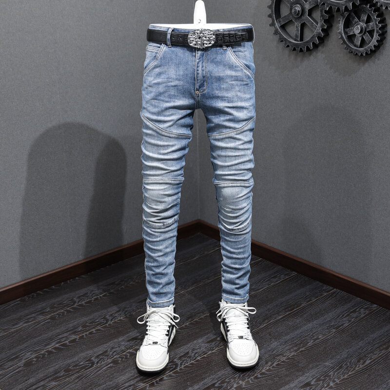 High Street Fashion Männer Jeans Retro hellblau gespleißt Designer Biker Jeans Homme elastische Stretch Slim Fit Hip Hop Hosen Männer