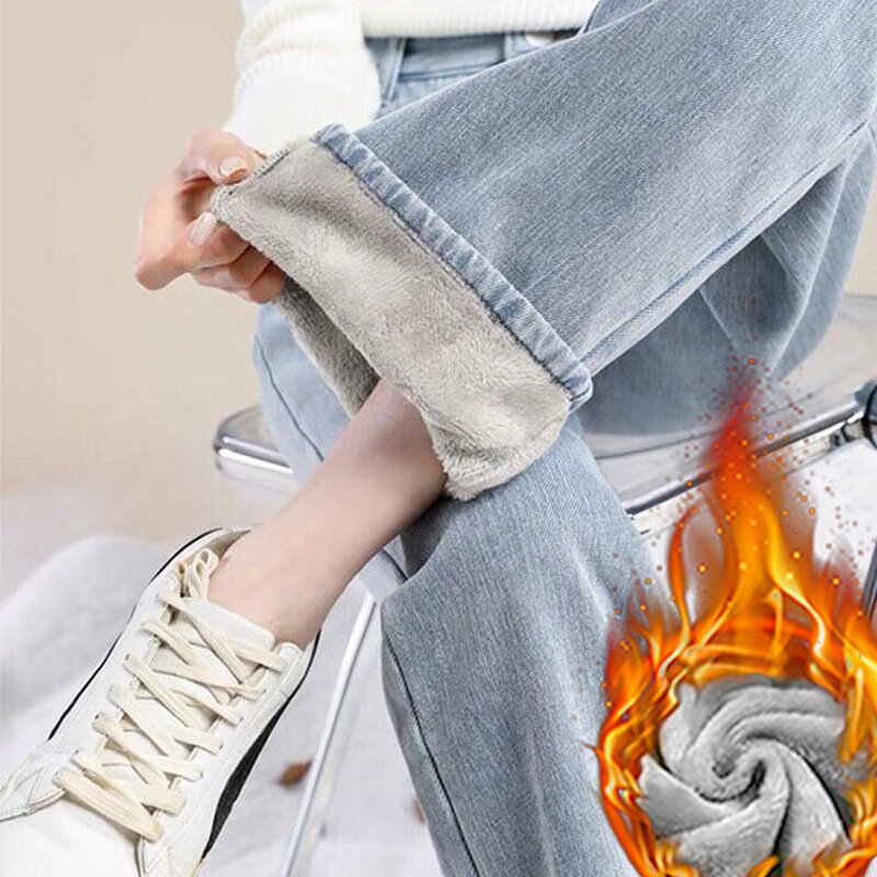 Winter Warme Jeans Vrouwen Koreaanse Losse Dikke Plus Fluwelen Hoge Taille Wijde Pijpen Jeans Broek Y 2K Casual Fleece Denim Broek