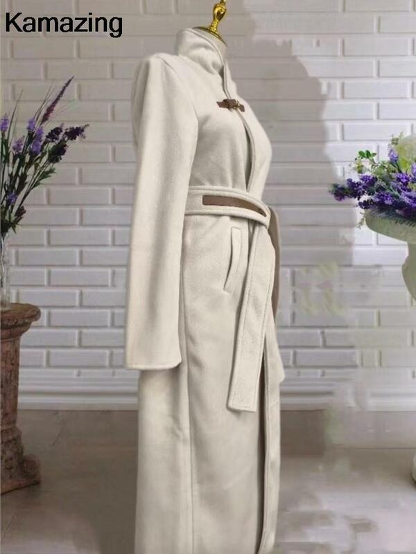 Abrigo largo de lana con cinturón para mujer, ropa de abrigo elegante de manga larga, informal, de calidad, a la moda, para Otoño e Invierno