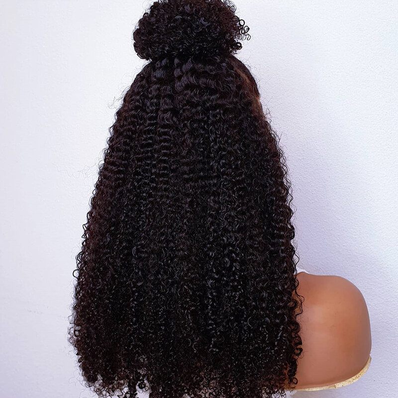 Long Glueless Kinky Curly Lace Front Wig para mulheres, preto natural, cabelo de bebê, pré-arrancado, resistente ao calor, macio, 180 Densidade, 26"