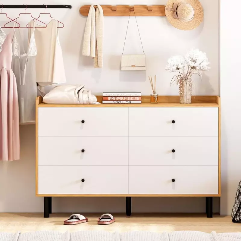 Dresser Bedroom with Metal Handle, Sturdy Frame Modern Bedroom Furniture, Chest of 6 Drawers