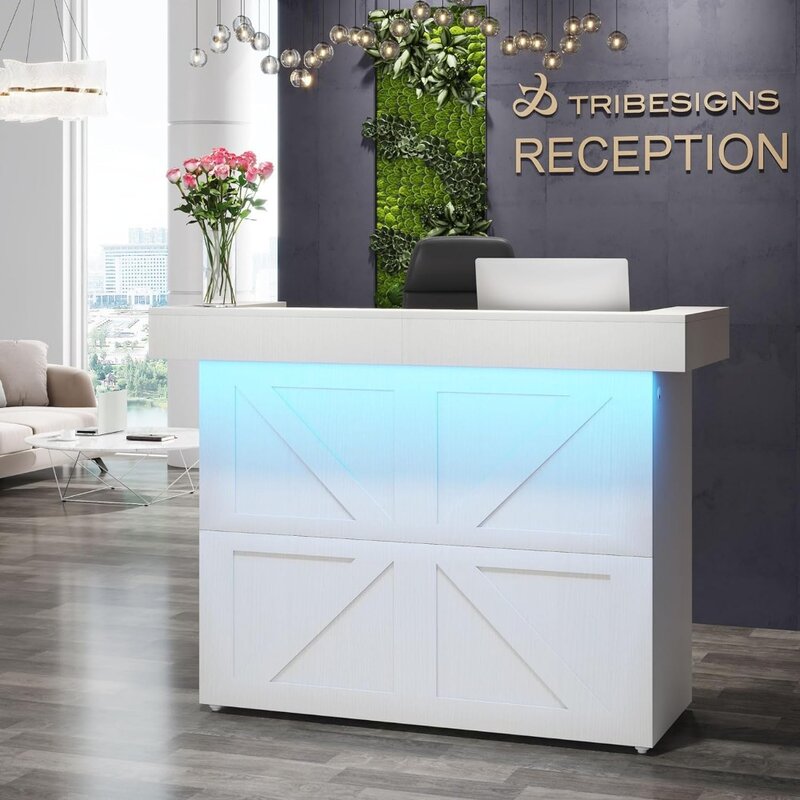 Reception Desk with Light, 55-Inch Front Desk , Modern Retail Counter Table for Salon, Lobby, Shop, Office Reception Room