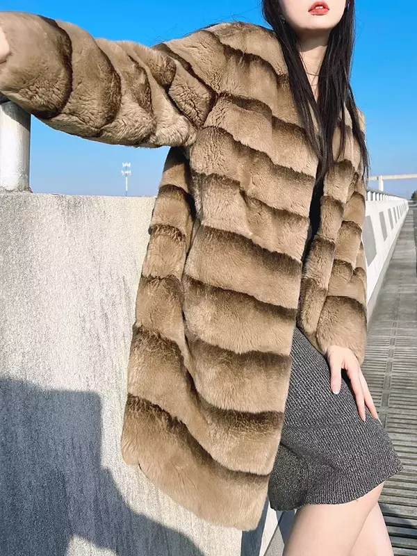 Меховое пальто Rea для женщин, зимняя куртка из меха кролика Рекс, женские меховые пальто средней длины, Высококачественная Меховая куртка с градиентом, женские пальто