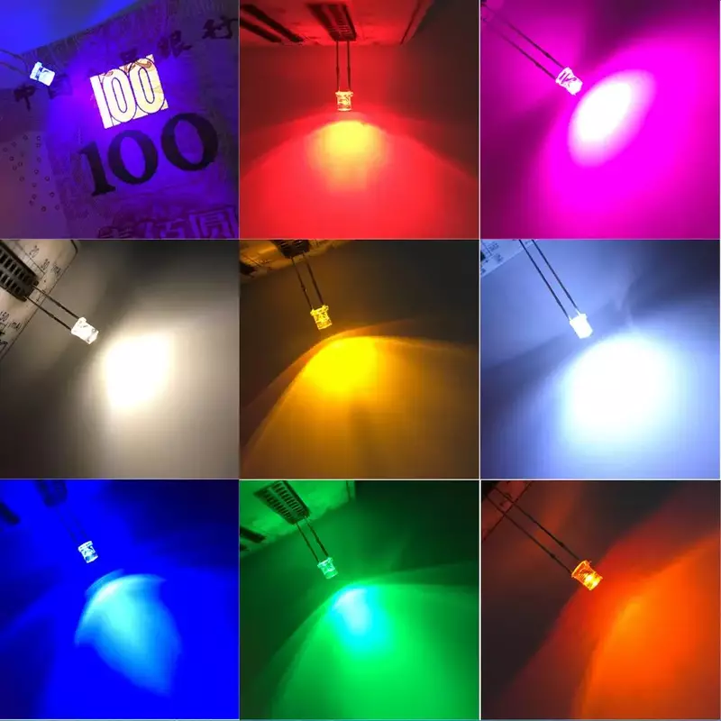 LED 광각 발광 다이오드 램프, 매우 밝은 LED 전구, 플랫 화이트, 레드, 옐로우, 블루, 그린, 핑크 다이오드, F3, 3mm, 2 핀, 100 개