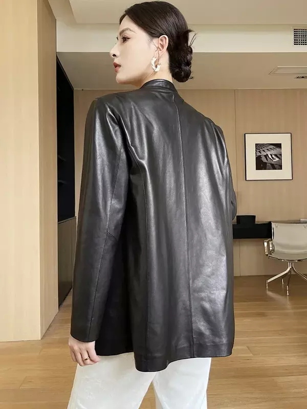 Vintage V-Ausschnitt Echt lederjacke für Frauen Herbst neue einfache einreihige schlanke echte Schaffell Mantel