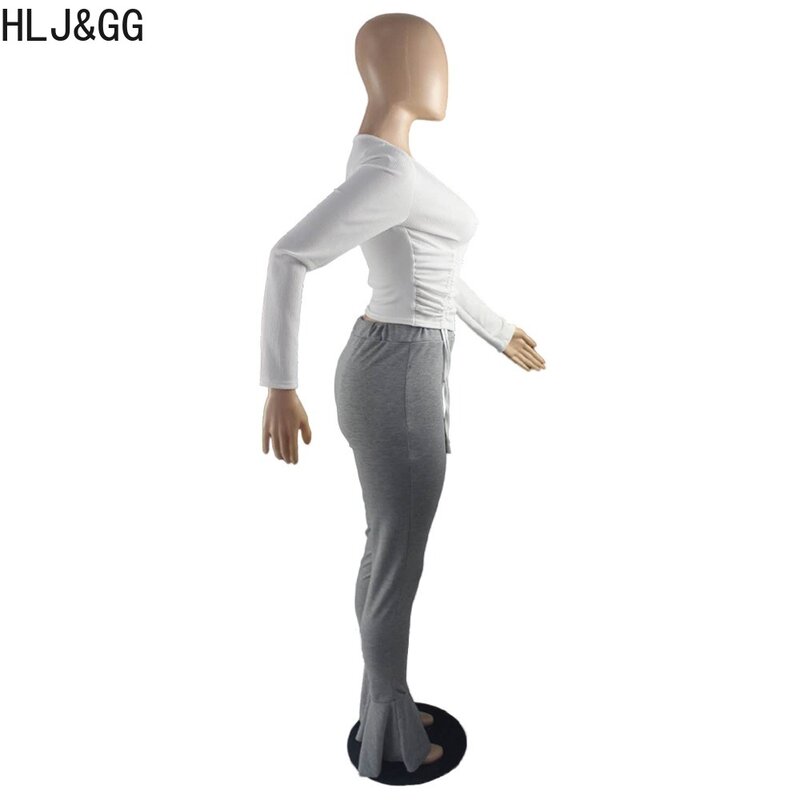 Hlj & GG เสื้อแขนยาวคอวีมีเชือกรูด + กางเกงขาบานชุดวอร์มผู้หญิงสีทึบชุดวอร์มลำลองฤดูใบไม้ร่วง2ชิ้น