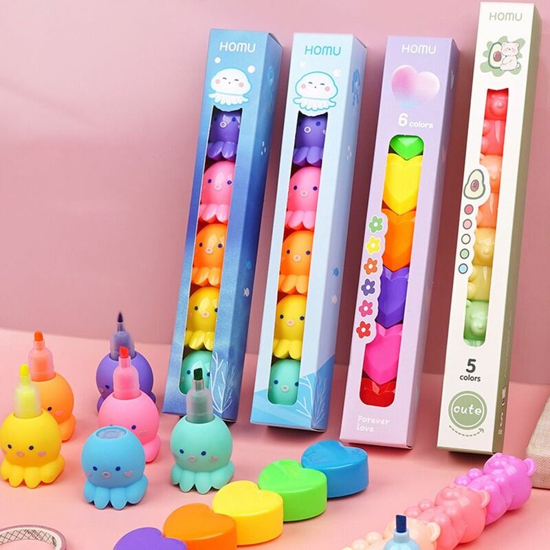 6Pcs/Set Cartoon Multi Section Fluorescent Pen Line Color Marker Pen Oblique Head Highlighter Creative Stationery Student Gifts