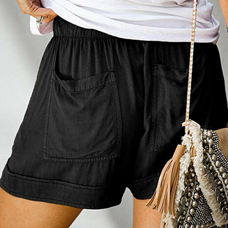 Shorts de cintura elástica feminino com bolsos, monocromático, casual, confortável, solto, tamanho grande, cordão, verão