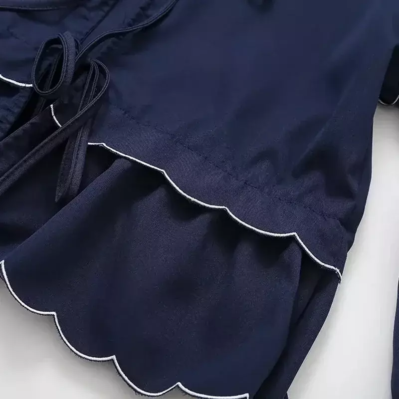 TRAF-Top azul con volantes para mujer, blusa elegante de manga larga con cuello en V, novedad, primavera y verano, 2024